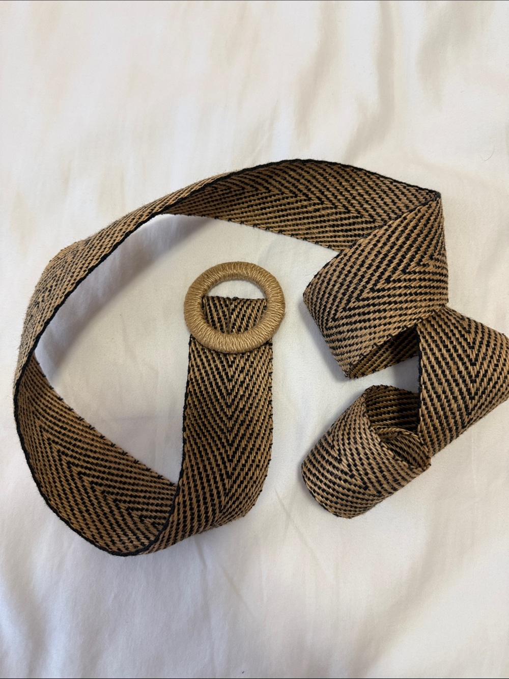 Woven Tan and Black Herringbone Waist Belt with Ring